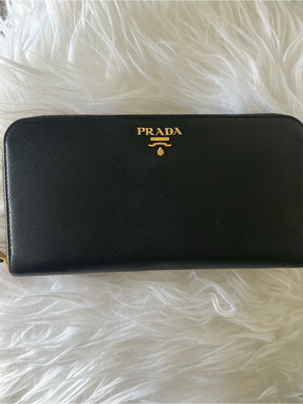 Prada Black Saffiano Zip Wallet with Gold Logo Detail